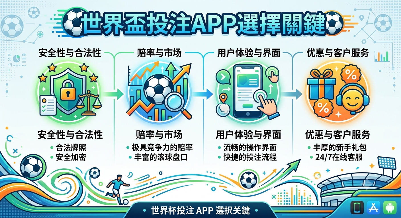 這張圖片展示了選擇「世界盃投注APP」的四個關鍵指標，包括安全性、賠率、使用者體驗及客戶服務。 設計風格融合了足球元素與現代資訊圖表，旨在為使用者提供清晰的評估參考。