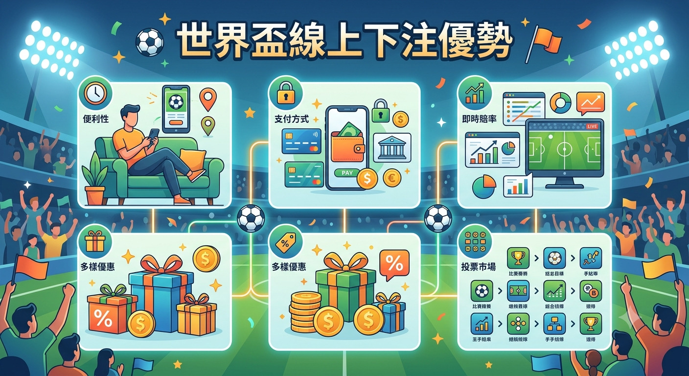 這是一張以「世界盃線上下注優勢」為標題的資訊圖表，透過插圖呈現了便利性、多元支付、即時賠率及豐富優惠等核心優勢。 圖像以熱鬧的足球場為背景，清晰規劃出各項線上投注功能的優點，設計風格簡潔且具備視覺吸引力。