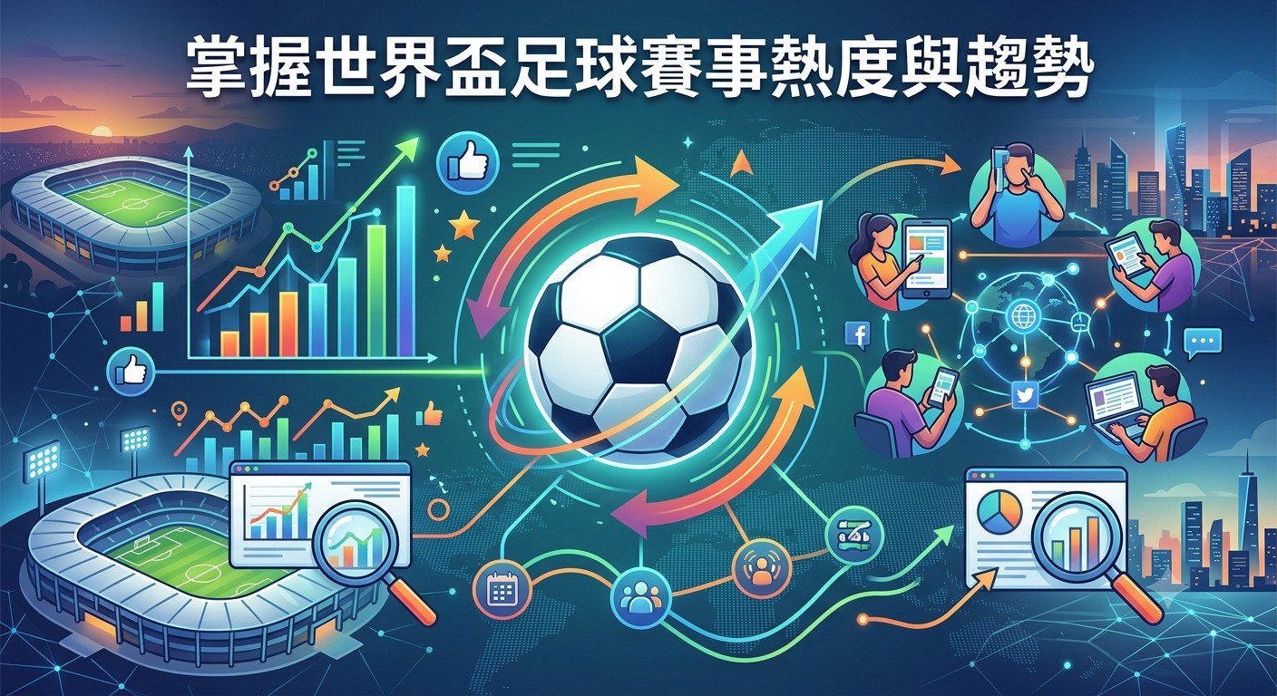 這張圖像以「掌握世界盃足球賽事熱度與趨勢」為標題，展示了足球與數位數據分析的結合。 畫面融合了足球場、統計圖表及網路社群互動，象徵著對全球足球趨勢的即時數據洞察。