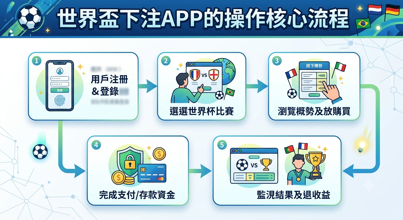 這張圖表展示了世界盃下注應用程式的五個核心操作流程，從註冊登入到最終領取收益。 設計採用清爽的藍色調，並以簡潔的圖標呈現每個步驟，清晰地引導用戶完成整個下注體驗。